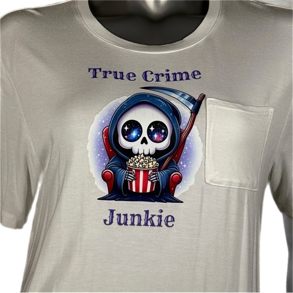 The Blind Medium | White True Crime Junkie Cute Reaper Graphic Tee - Picture 2 of 8